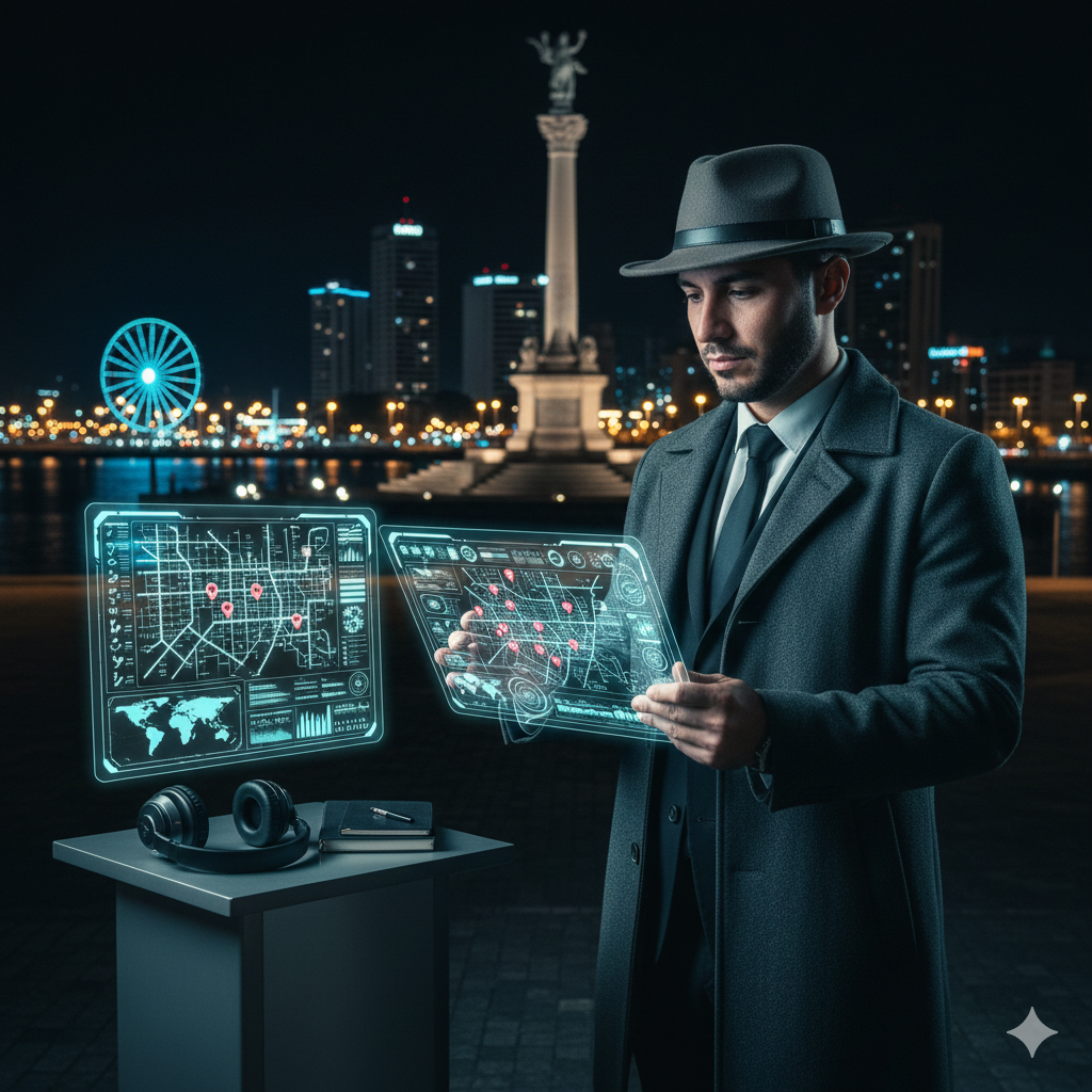Detective privado profesional en el Malecón 2000 de Guayaquil utilizando pantallas holográficas para investigación y rastreo digital en la ciudad